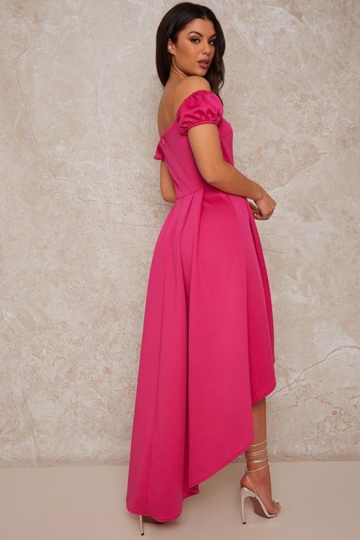 Vestido Midi com Decote Bardot em Rosa
