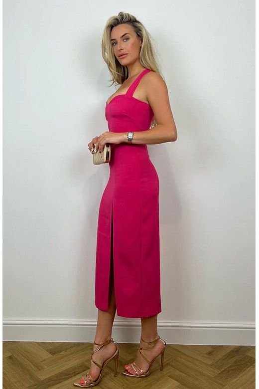 Vestido Midi Rosa com Decote em Coração Vestido Midi Rosa com Decote em Coração
