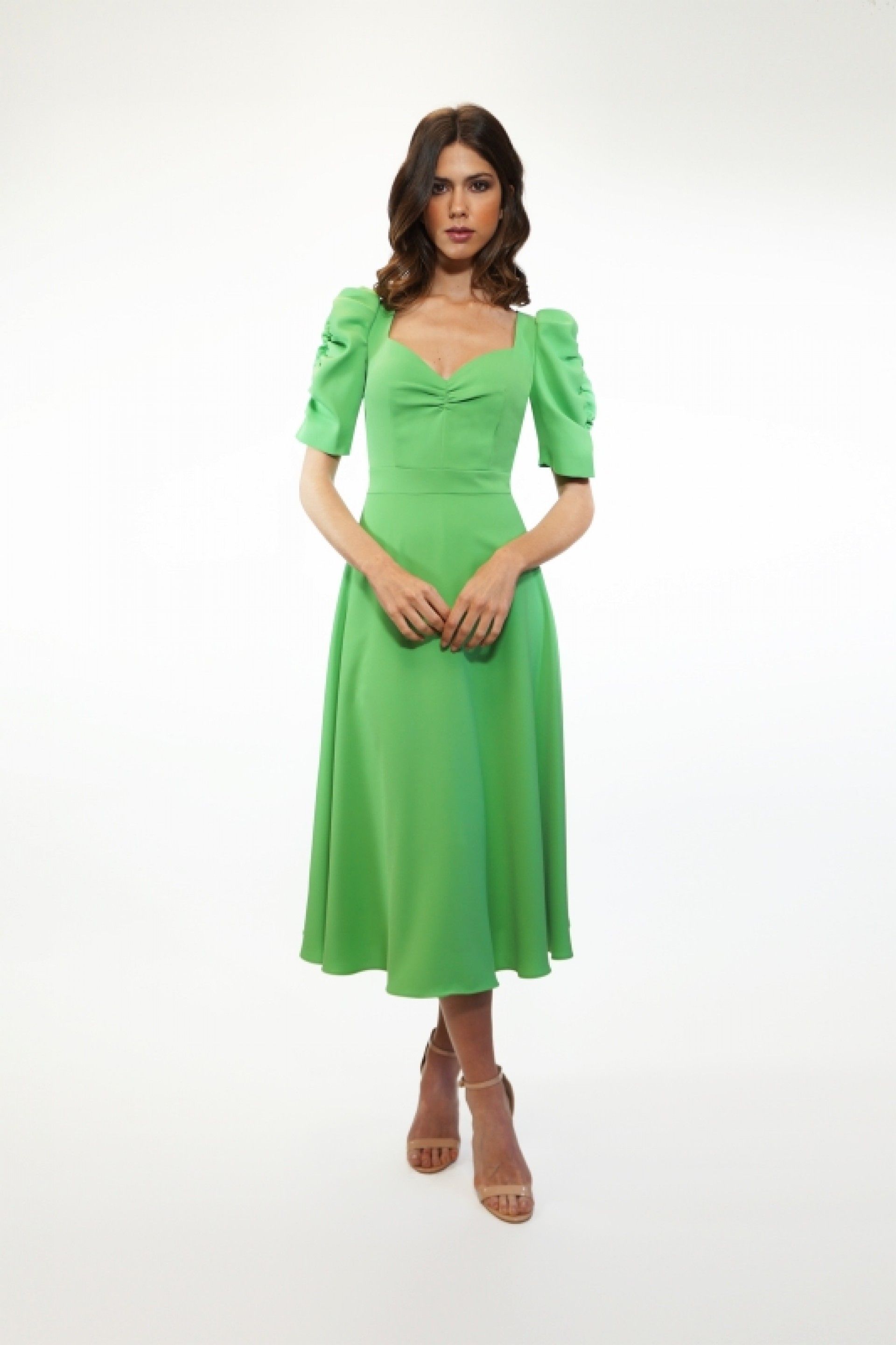 Vestido Midi Carla Ruiz Manga Abalonadas cor Verde