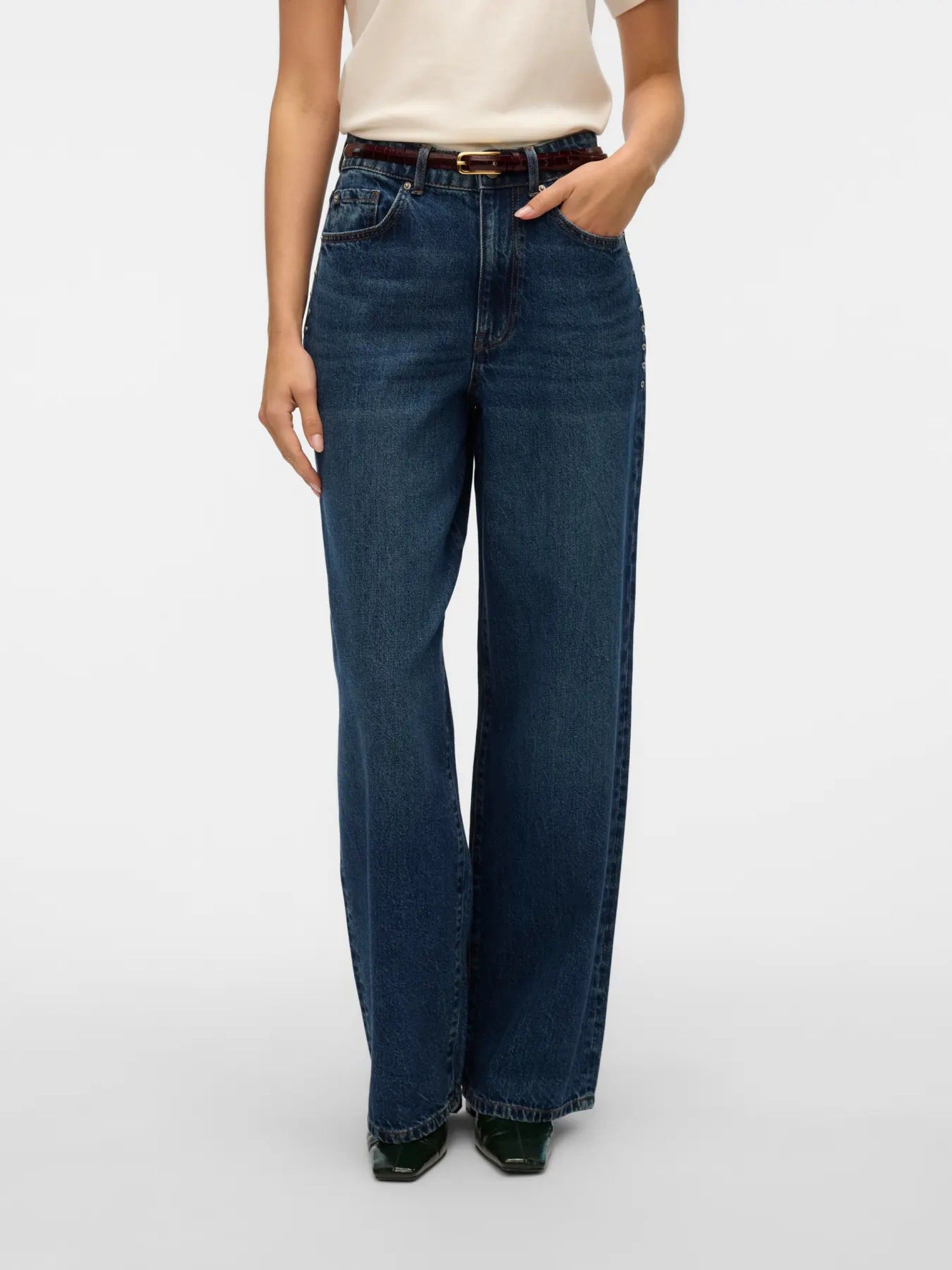 Calça Jeans Mulher RAE HR WIDE STUDS VERO MODA