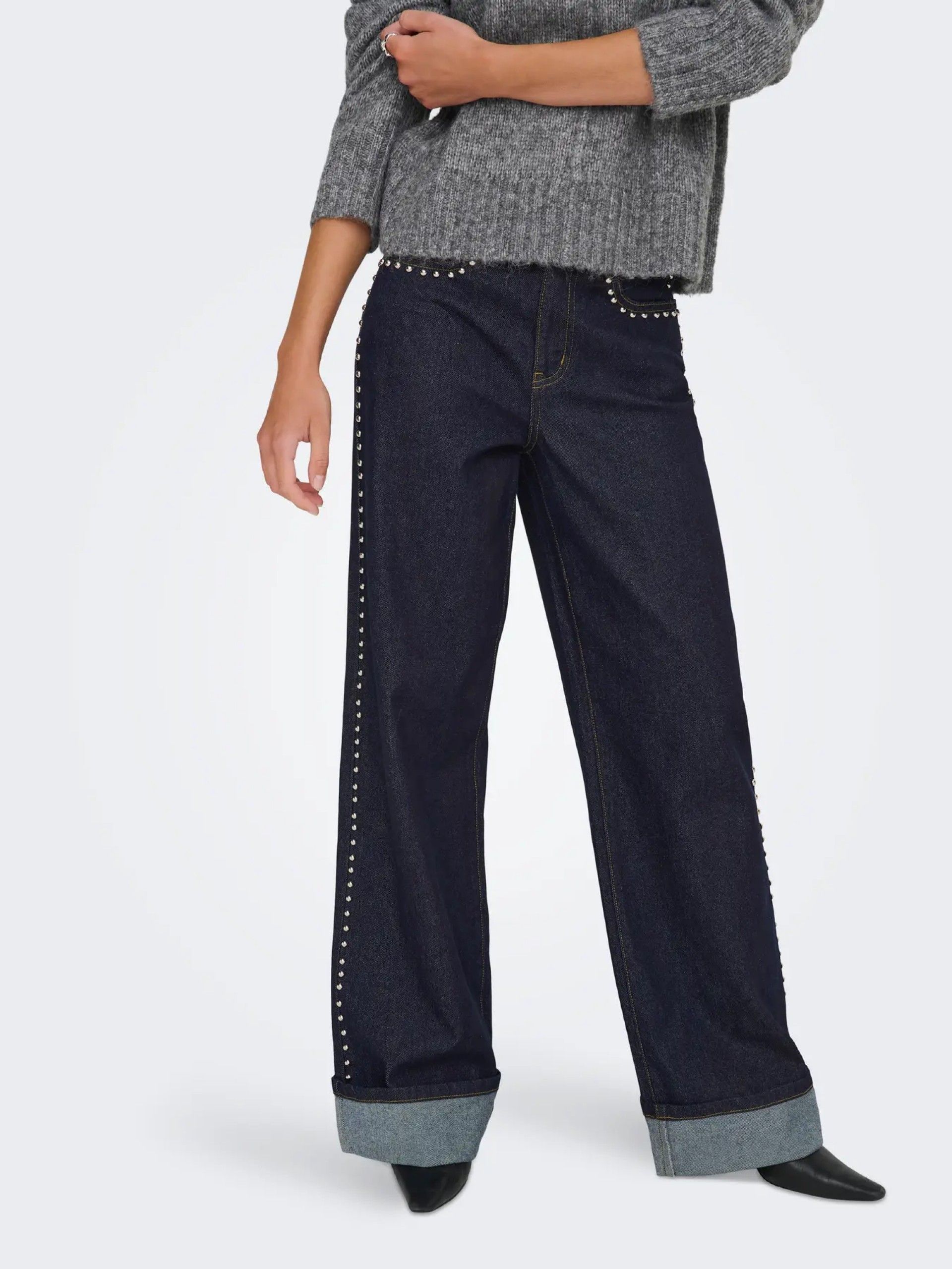 Calça Jeans Mulher HOPE HW Wide Stud Fold Up ONLY