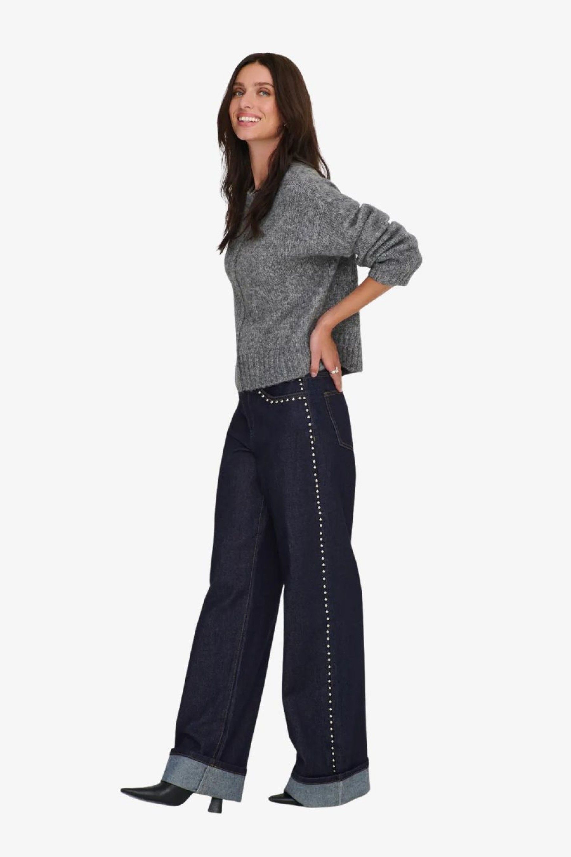 Calça Jeans Mulher HOPE HW Wide Stud Fold Up ONLY