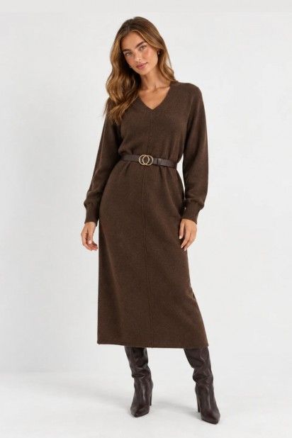 VILA Vestido Midi Liga de Malha com Decote em V de Mulher