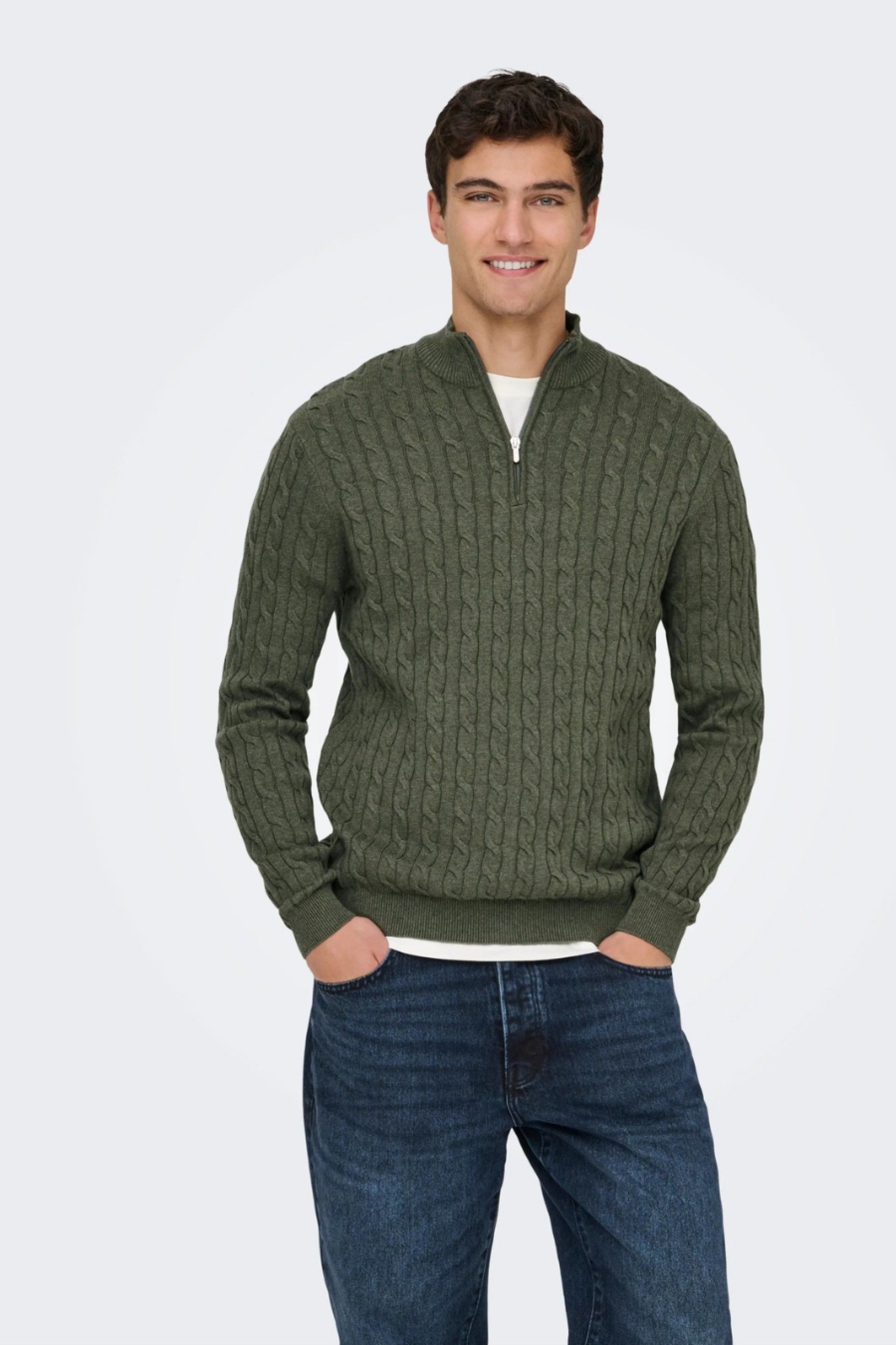 ONLY & SONS Camisola Loui Entrançada com Meio Fecho de Correr de Homem