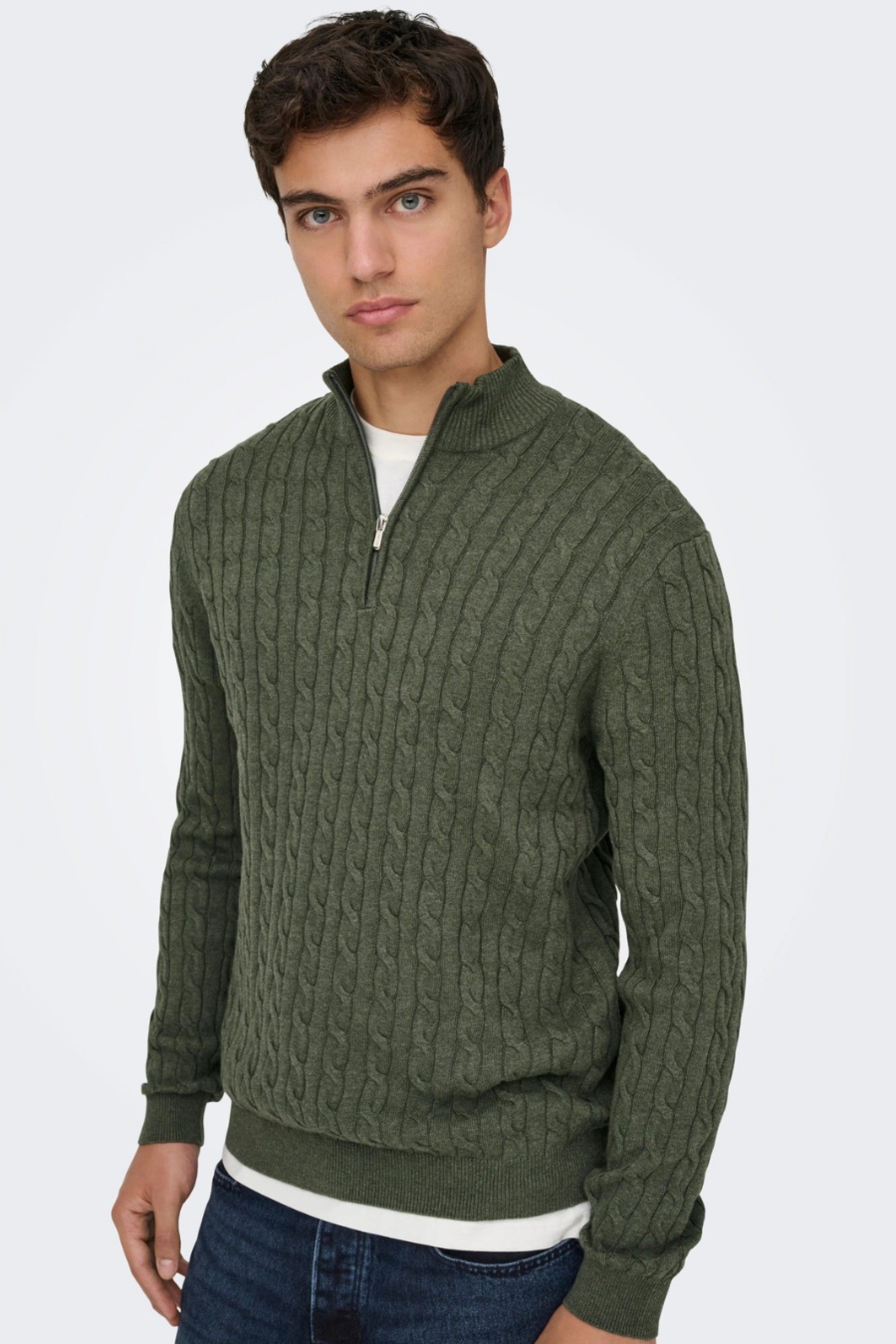 ONLY & SONS Camisola Loui Entrançada com Meio Fecho de Correr de Homem