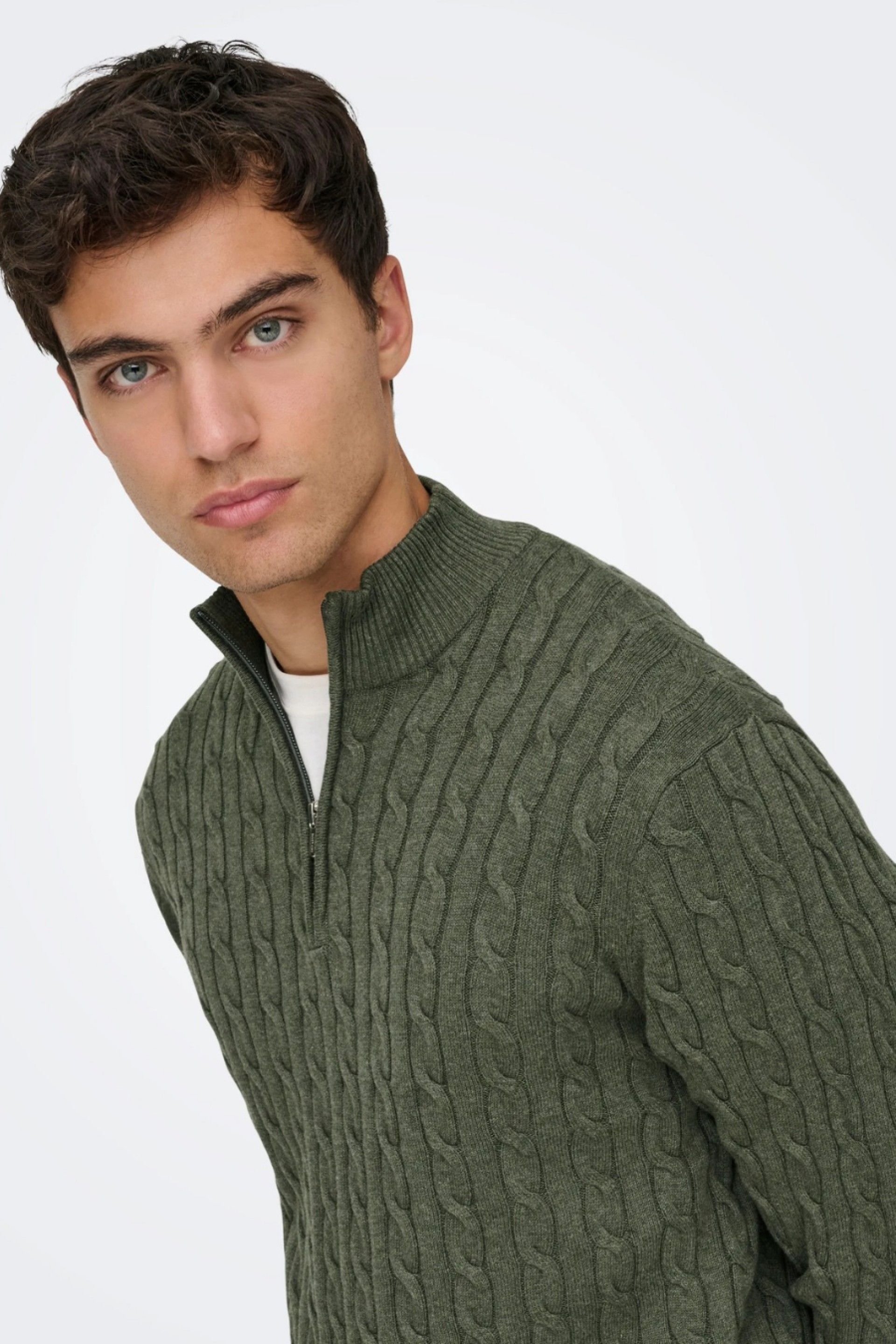 ONLY & SONS Camisola Loui Entrançada com Meio Fecho de Correr de Homem